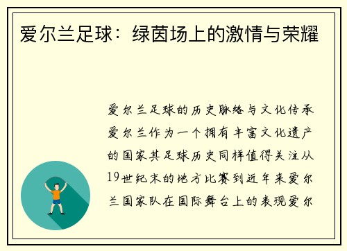 爱尔兰足球：绿茵场上的激情与荣耀