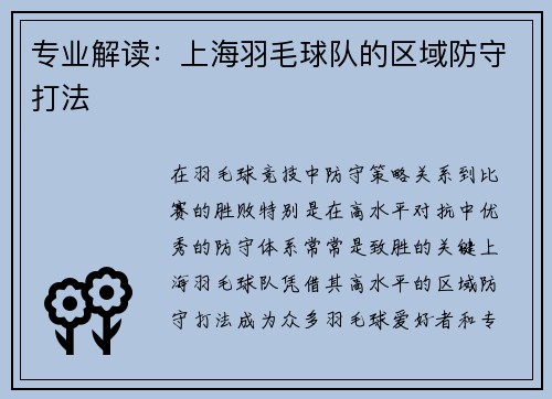 专业解读：上海羽毛球队的区域防守打法