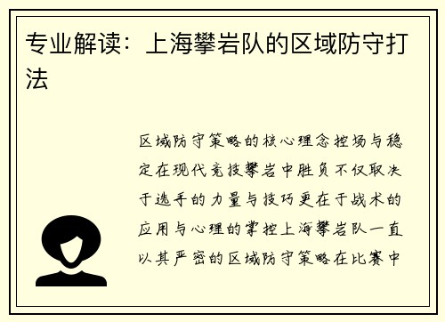 专业解读：上海攀岩队的区域防守打法