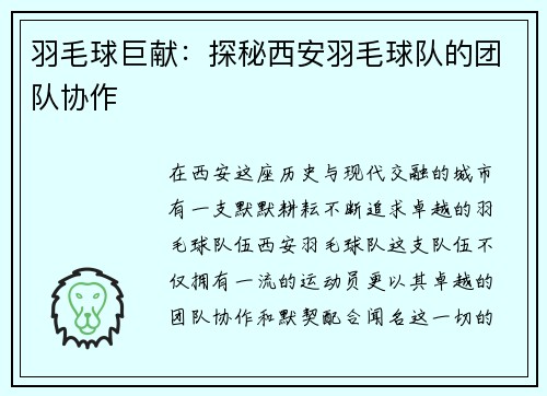 羽毛球巨献：探秘西安羽毛球队的团队协作