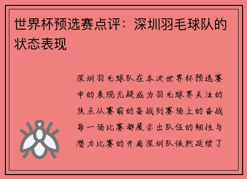 世界杯预选赛点评：深圳羽毛球队的状态表现